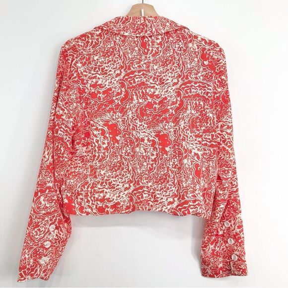 FATE Red Orange Cotton Linen Abstract Floral Cropped V Neck Spring Blazer NEW - Picture 11 of 16